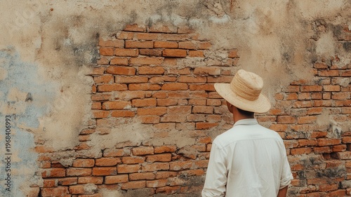 Side view of a man wearing a straw hat and white shirt looking at an old red brick wall with weathered plaster. Concept of heritage restoration, masonry work, and traditional architectural renovation.