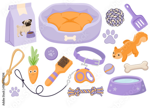 Dopamine pets lifestyle set with dog bed, pug food, collar with leash, grooming brush, squirrel toy, bone and bowls in purple and orange colors on a transparent background.