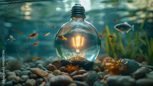Glowing Light Bulb Among Pebbles With Swimming Goldfish In An Aquarium Scene