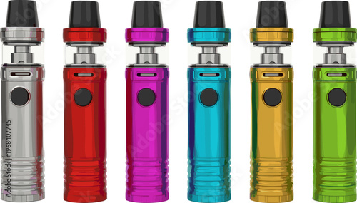 Colorful vape devices collection vector illustration modern electronic cigarette mods with tanks isolated on white background for vaping design