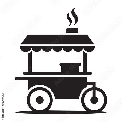 Silhouette of a food cart with a flag, steam, and uneven wheels Keywords: food cart silhouette, street food vendor, mobile stand, wheeled cart