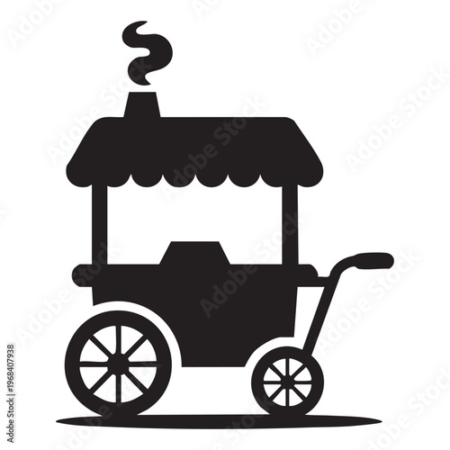 Black silhouette of a food cart with a flag, steam, and spoked wheels Keywords: food cart, street vendor, mobile food, wheeled kiosk, retro cart