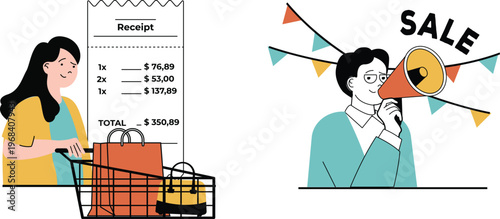 Woman shopping with cart while another person announces a sale with a megaphone cheerfully