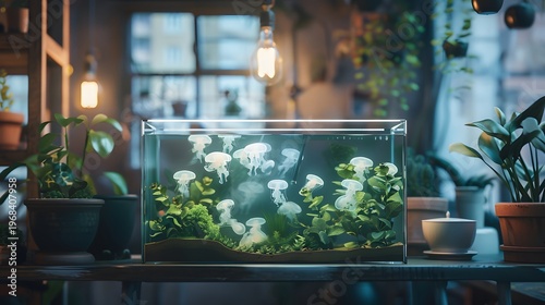 Serene Aquarium Scene With Jellyfish, Plants, And Warm Ambient Lighting