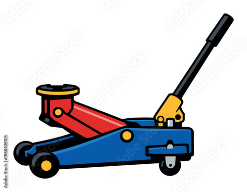 Hydraulic floor jack for vehicle maintenance and repair. Lifting equipment used in automotive garages, changing tires, servicing car