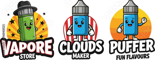 Vape mascot logo set vector illustration cartoon e liquid bottle characters branding for vapor store clouds maker puffer flavors designVape mascot logo set vector illustration