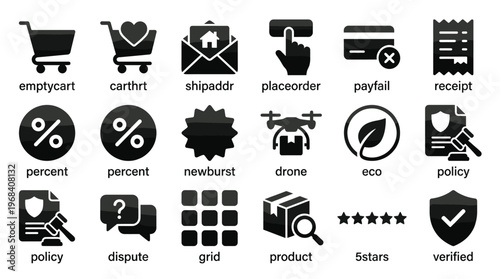 Collection of ecommerce icons including shopping cart, payment, and product symbols