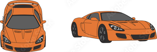 Orange sports car illustration with front and perspective views perfect for automotive design racing themes and high performance vehicle graphics