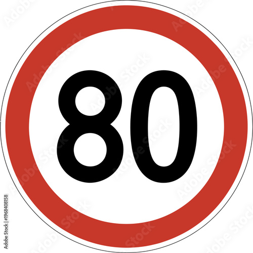 Red and white road sign with large number eighty  speed limit symbol