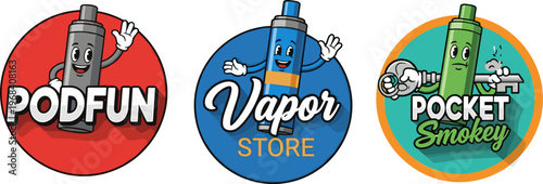 Vape shop logo badges set vector illustration cartoon electronic cigarette characters branding design for vapor store isolated on whiteVape shop logo badges set vector 