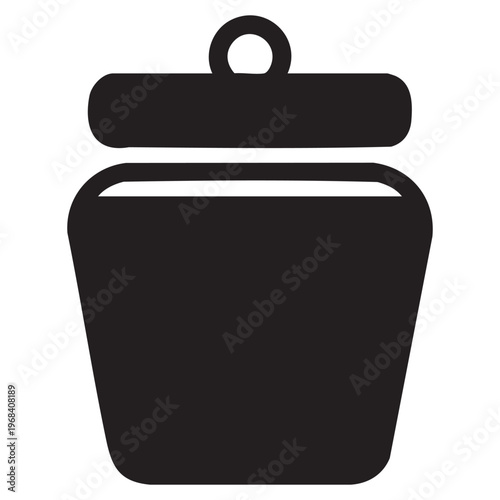 Black silhouette icon of a lidded jar with a loop handle Keywords: jar, pot, container, lid, handle, loop, storage, black, silhouette, icon