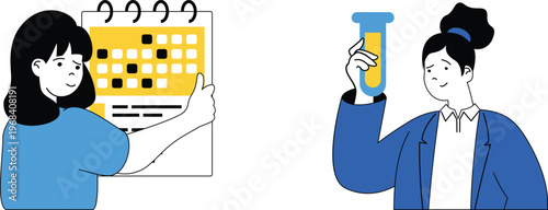 Two women discussing science and data analysis using visual aids and a test tube for experiments