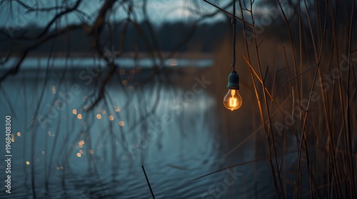 Warm Hanging Light Bulb Over Water Creates Cozy Glow and Reflective Evening Ambiance
