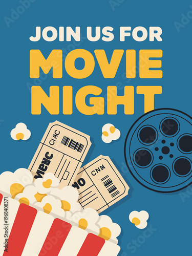 Movie night invitation with popcorn tickets and film reel on blue background