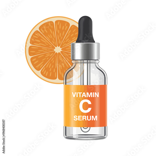 Vitamin C serum bottle with orange slice on white background