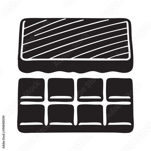 Black and white illustration of a chocolate bar with squares