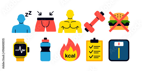 Colorful flat icons for fitness and healthy lifestyle concepts