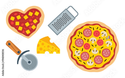 Colorful pizza ingredients including heart shaped pizza and cheese grater on white background