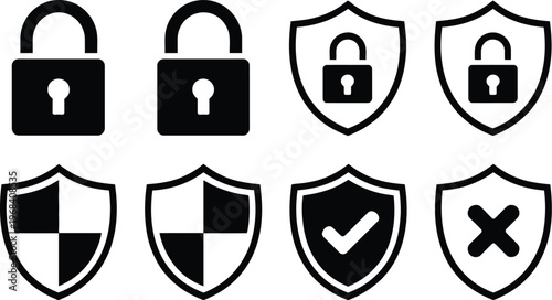 Security icons set vector illustration, black and white lock and shield icons for online security data protection and safe internet usage in digital technology and app design.
