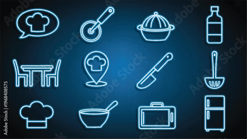 Neon kitchen and cooking icons on blue background