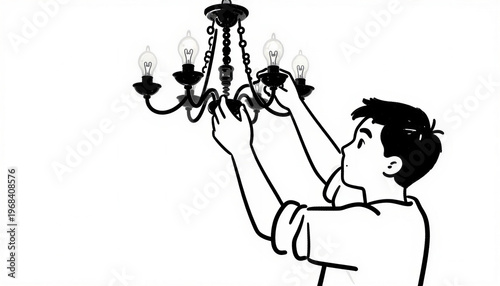 Man installing light bulbs in chandelier, doodle style with black outlines on white background