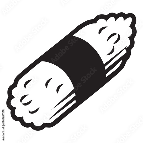 Black and white illustration of a sushi roll with seaweed band Keywords: sushi, roll, maki, nori, seaweed, rice, food, japanese, cuisine, asian