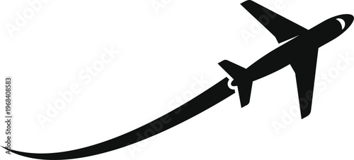 Vector graphic illustration of airplane soaring through the air with a curved trail behind it in a simple design
