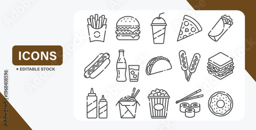 Fast food related line icon set. Street food linear icons. Burger, hotdog and  sandwich outline vector signs and symbols collection.