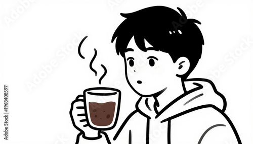 Teen blowing on hot chocolate doodle illustration with clear black outlines on white background