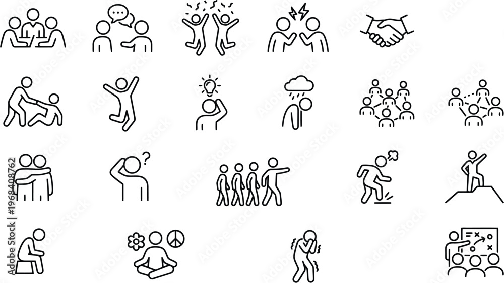 Fototapeta premium Editable stroke vector graphic illustration of various people interactions and emotions in a simple line style design
