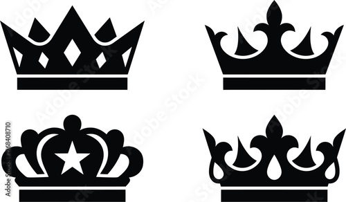 Black silhouettes of various crown designs on a white background for royalty and luxury themes in vector graphic illustration