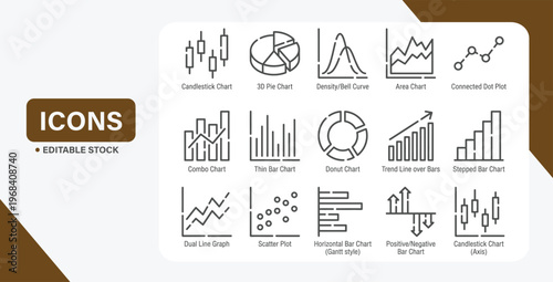Graph and Chart related line icons. Statistics and analytics vector icon set.