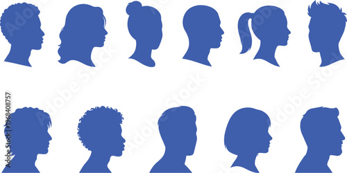 Black silhouettes of diverse people with various hairstyles and expressions in profile view on a transparent background for graphic design