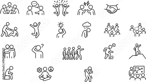Editable stroke vector graphic illustration of various people interactions and emotions in a simple line style design