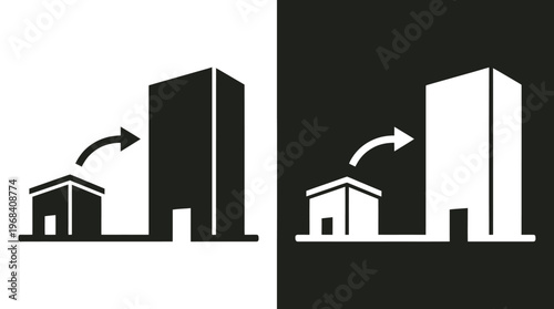 Vector graphic illustration of a house and skyscraper design with arrows