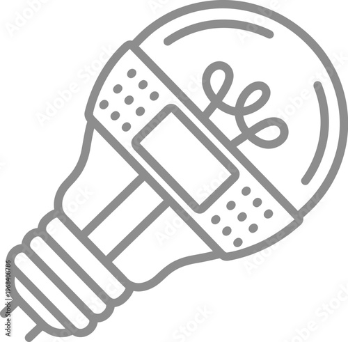Vector graphic illustration of a light bulb wrapped with a bandage and scissors on a white background, symbolizing a creative solution or idea