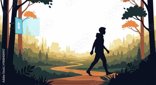 Person on forest walk trail, exploring peaceful nature. Illustration features silhouette figure on forest walk trail, winding path, stylized trees, foliage. Concept for forest walk trail, mindfulness,