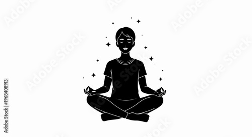 Person in meditation pose with closed eyes, sitting cross legged, subtle star elements around head. Serene meditation pose is suitable for wellness applications and mental health awareness.
