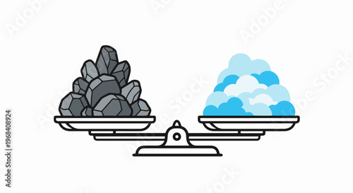 Balance scale illustration, dark rocks and light blue fluffy material. Visual balance scale demonstrates equilibrium, illustrating equal mass or comparative value.