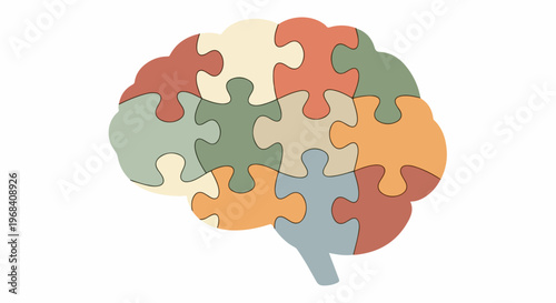 Colorful brain puzzle illustrates complex thought and intricate mental structures. Brain puzzle pieces depict diverse cognition, memory, learning. Conceptual brain puzzle image for neuroscience,