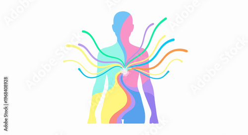 Stylized human energy flow depicted with colorful lines connecting to body center. Abstract human energy flow concept illustrates spiritual well being and inner balance.