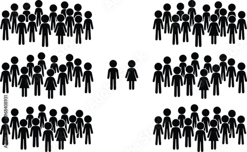 Vector graphic illustration of groups of people standing together in various formations on white background