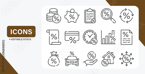 Loan, tax and fees line icons. Discount and Investment vector linear icon set.