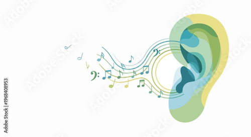 Abstract music ear illustration showing sound waves flowing as musical notes into stylized human ear. Music ear graphic displays treble clef and notes on white, symbolizing auditory perception.