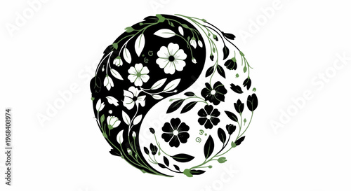 Floral Yin Yang symbol rendered with intricate leaf and blossom patterns, showcasing nature's balance. This duality concept features black and white elements, creating a harmonious Yin Yang symbol.