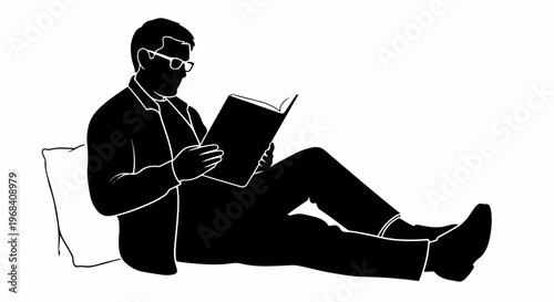 Silhouette of man reading book, reclining with glasses and open pages. Figure of man reading book, engrossed in story, enjoying quiet leisure time. Concept man reading book for educational promotion,