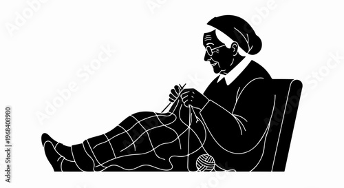 Elderly knitting a warm blanket while comfortably seated in an armchair, engaging in relaxing activity. Senior woman creating intricate patterns, traditional pastime with yarn and needles.