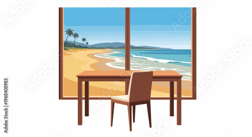 Interior room, wooden table, chair, offers expansive coastal view. Scene details sandy beach, blue ocean, palm trees, tranquil coastal view. Concept coastal view for travel, vacation rental,