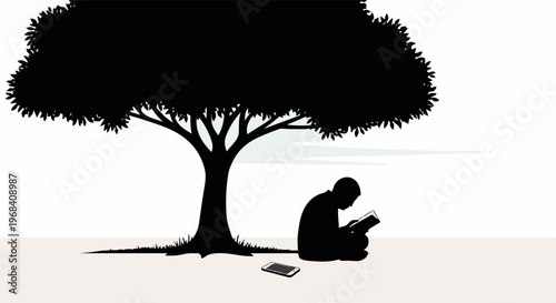 Dark silhouette of person reading tree, enjoying peaceful moment outdoors. Person reading tree with book and phone on ground, illustrating quiet contemplation and knowledge pursuit.