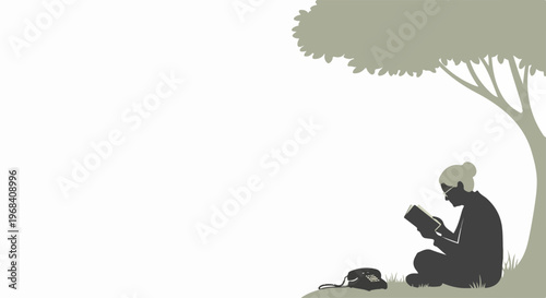 Silhouette of person reading book, seated under tree during quiet afternoon. Solitary figure immersed in intellectual pursuit, person reading book. Concept for education, relaxation,